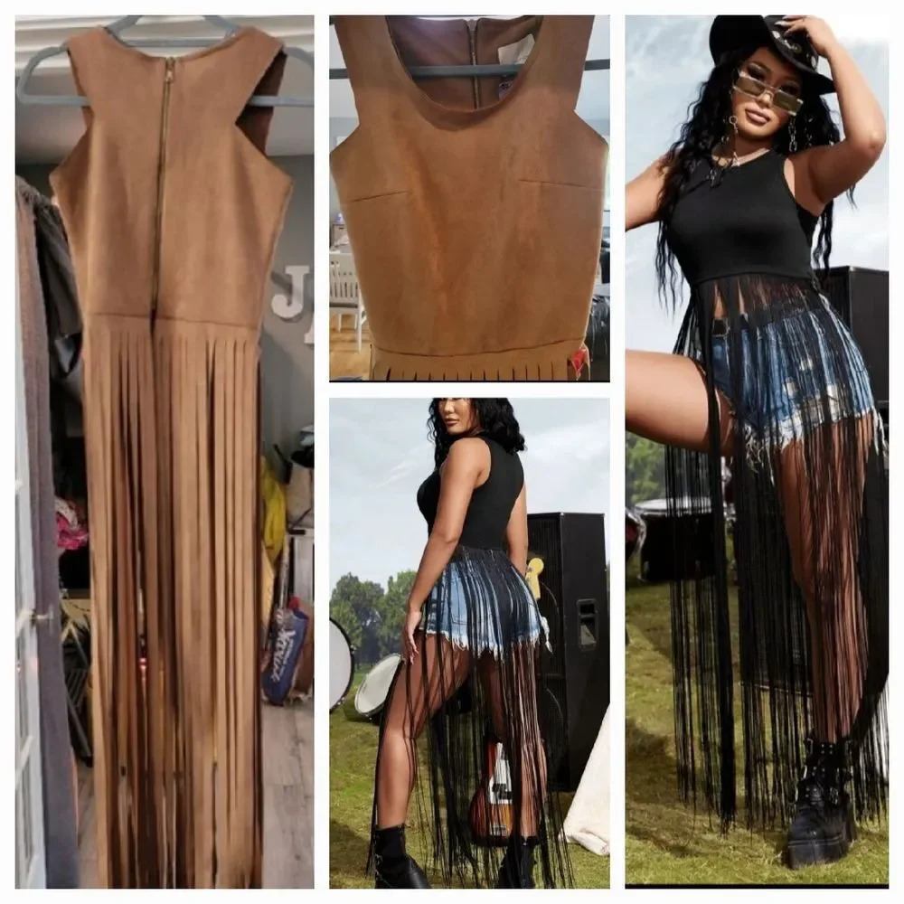 Cinq a Sept Women's Brown Suede Fringe Sleeveless Back Zip Western Style…